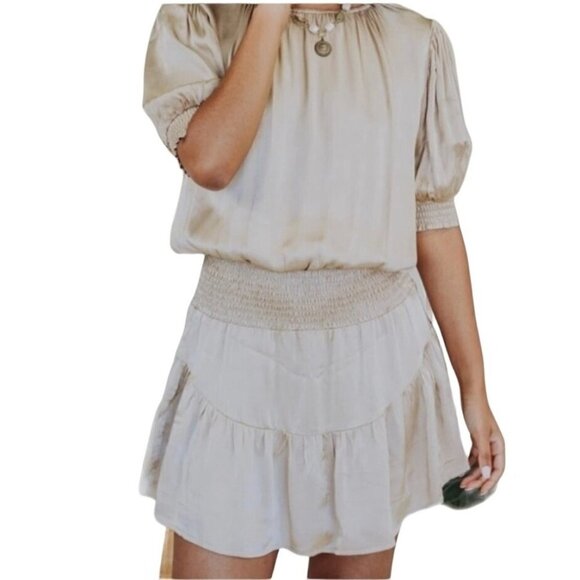 Muche Muchette Champagne Satin Mini Dress Puff Sleeve Ruffles One Size - Picture 1 of 9
